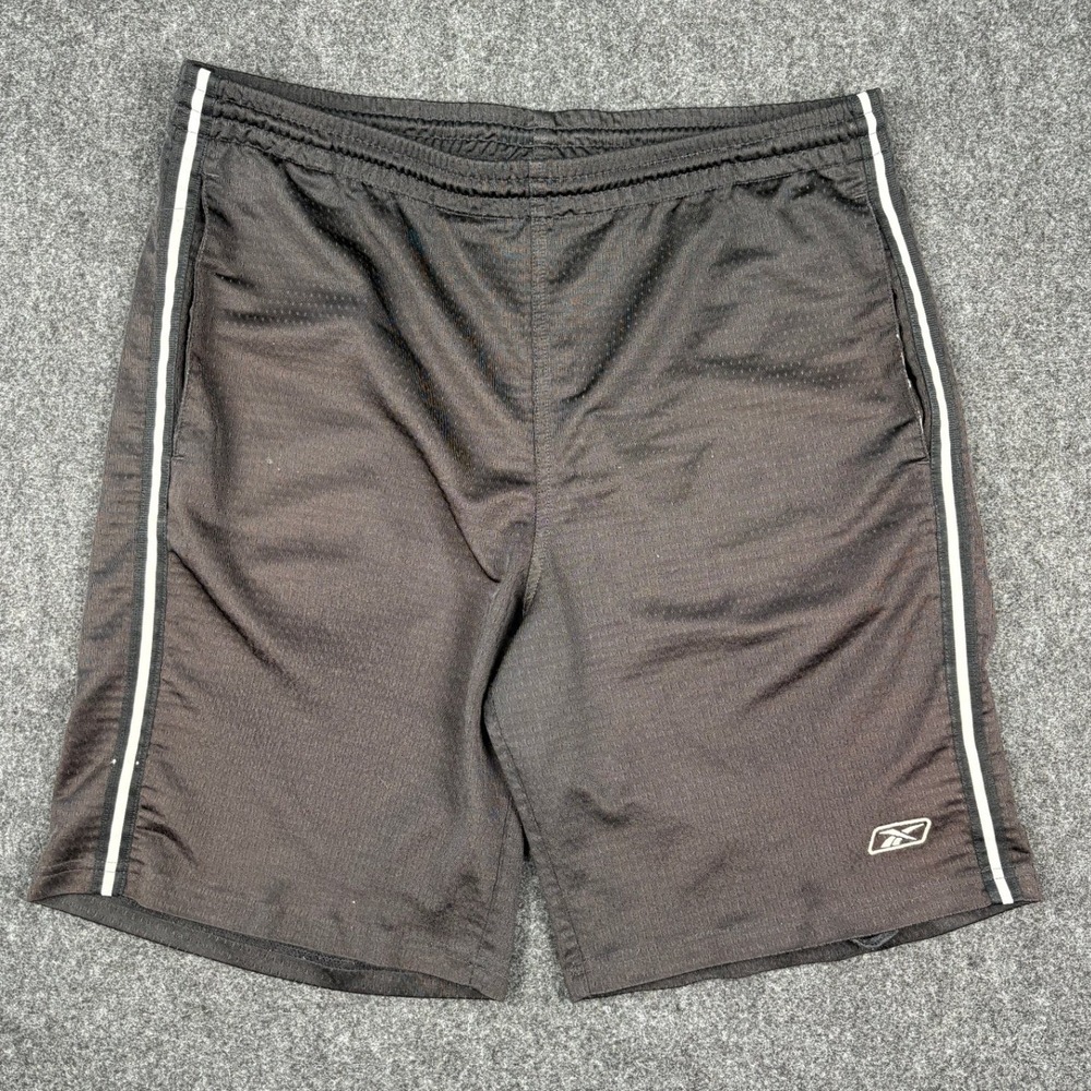 VTG Y2K Reebok Mens Mesh Athletic Basketball Shorts Black White Stripe Size M